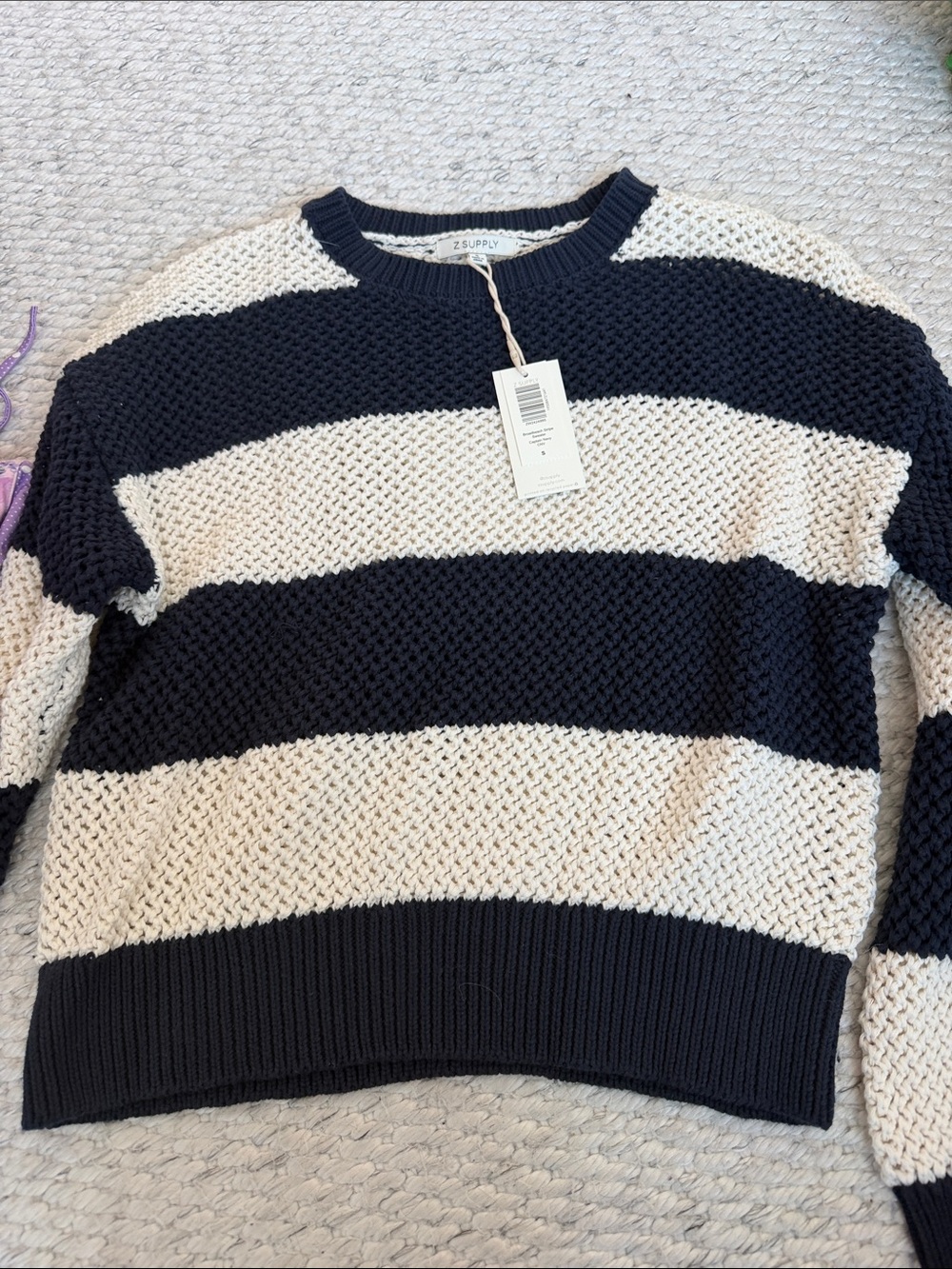Z Supply Navy and Cream Wide-Stripe Crewneck Sweater